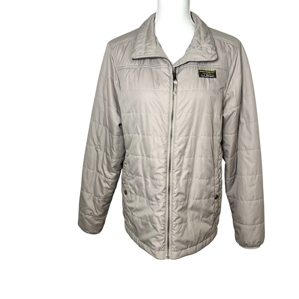 LL Bean Womens Lightweight Puffer Jacket Taupe Quilted Insulated Full Zip size L
